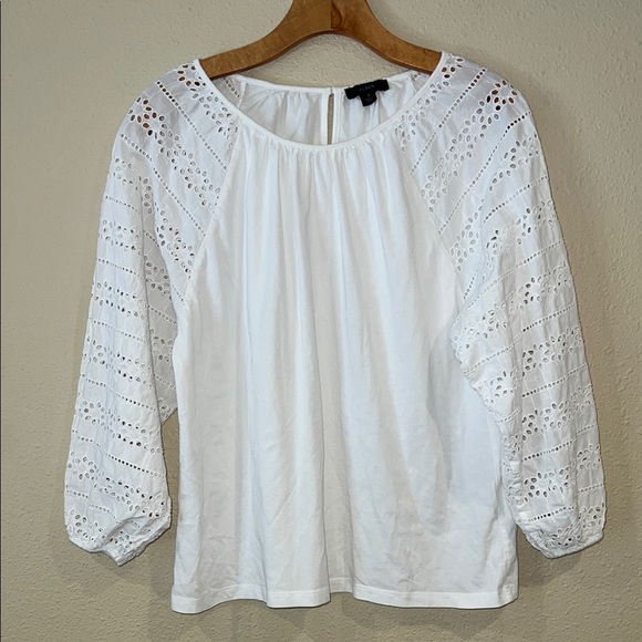 Women’s J Crew Size Small White Eyelet 3/4 Sleeve Cotton Knit Top popover top - Picture 1 of 6